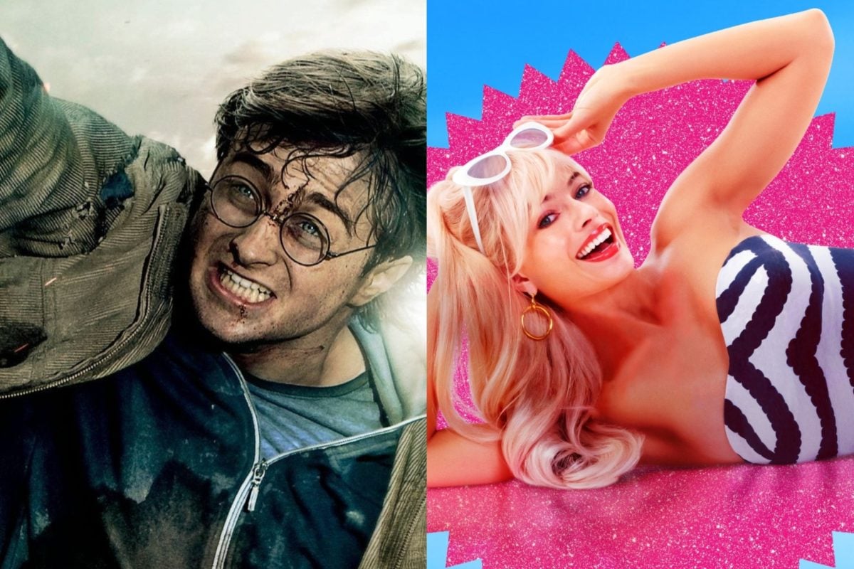 Margot Robbie as Barbie (2023) and Daniel Radcliffe as Harry Potter in The Deathly Hallows Part 2