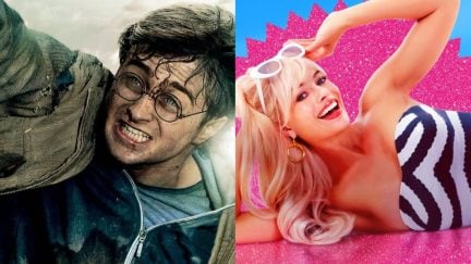 Margot Robbie as Barbie (2023) and Daniel Radcliffe as Harry Potter in The Deathly Hallows Part 2