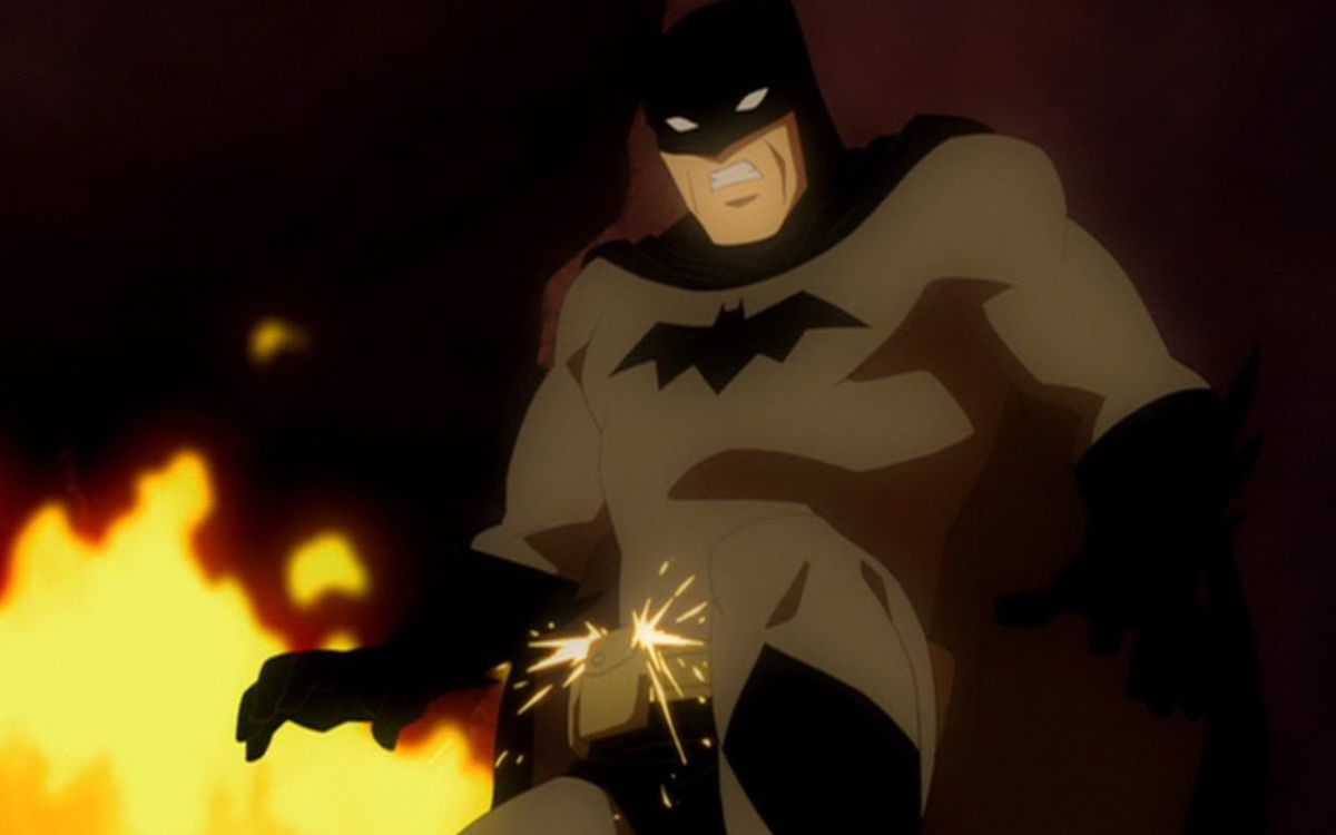 An animated Batman surrounded by flames jumping into the air in "Batman Year One"