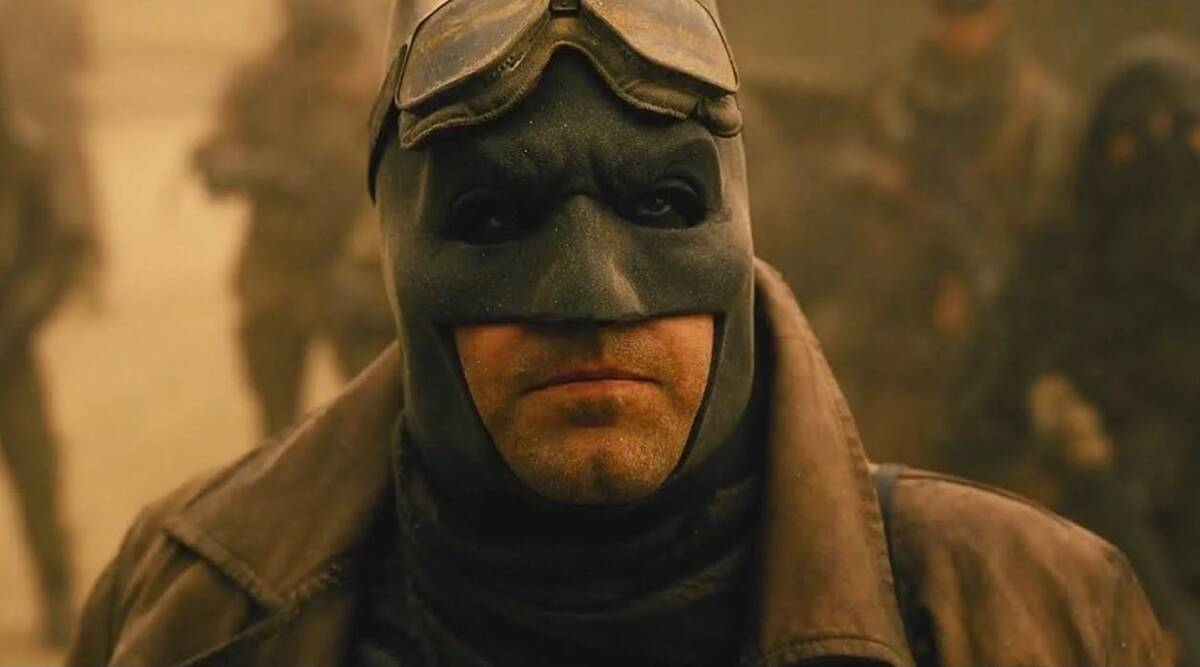 Batman (Ben Affleck) wears goggles and desert gear in the "Knightmare" sequence from Zack Snyder's cut of 'Justice League'
