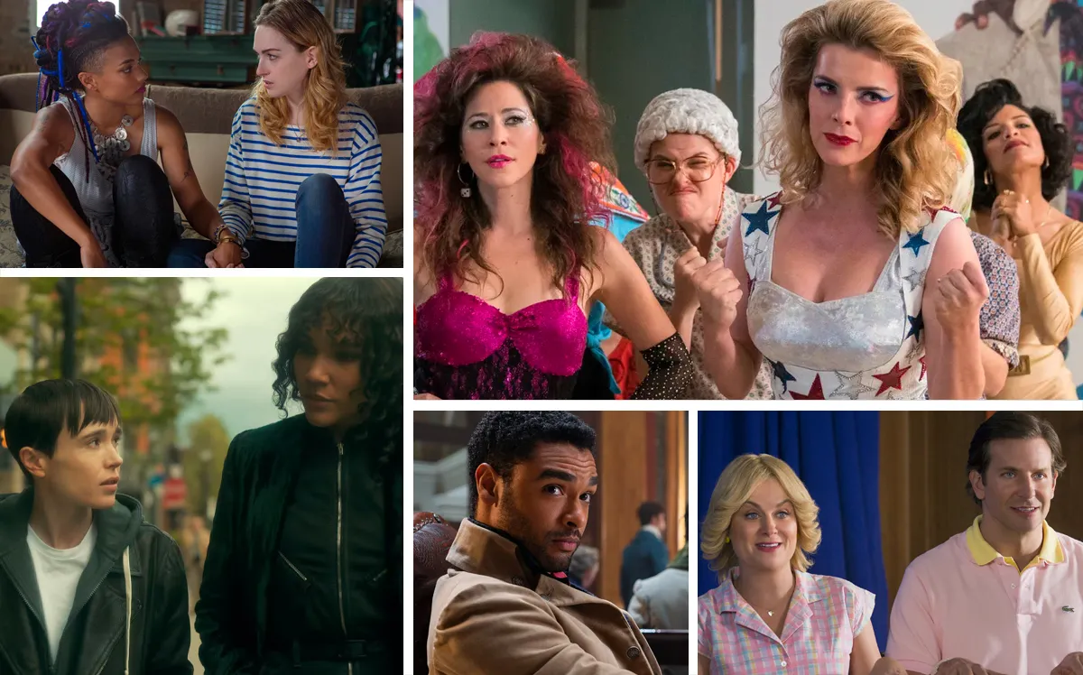 The most binge-worthy shows on Netflix, featuring (clockwise from top left): 'Sense8,' 'GLOW,' 'Wet Hot American Summer: First Day of Camp,' 'Bridgerton,' and 'The Umbrella Academy'
