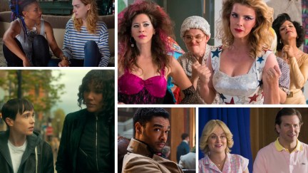 The most binge-worthy shows on Netflix, featuring (clockwise from top left): 'Sense8,' 'GLOW,' 'Wet Hot American Summer: First Day of Camp,' 'Bridgerton,' and 'The Umbrella Academy'