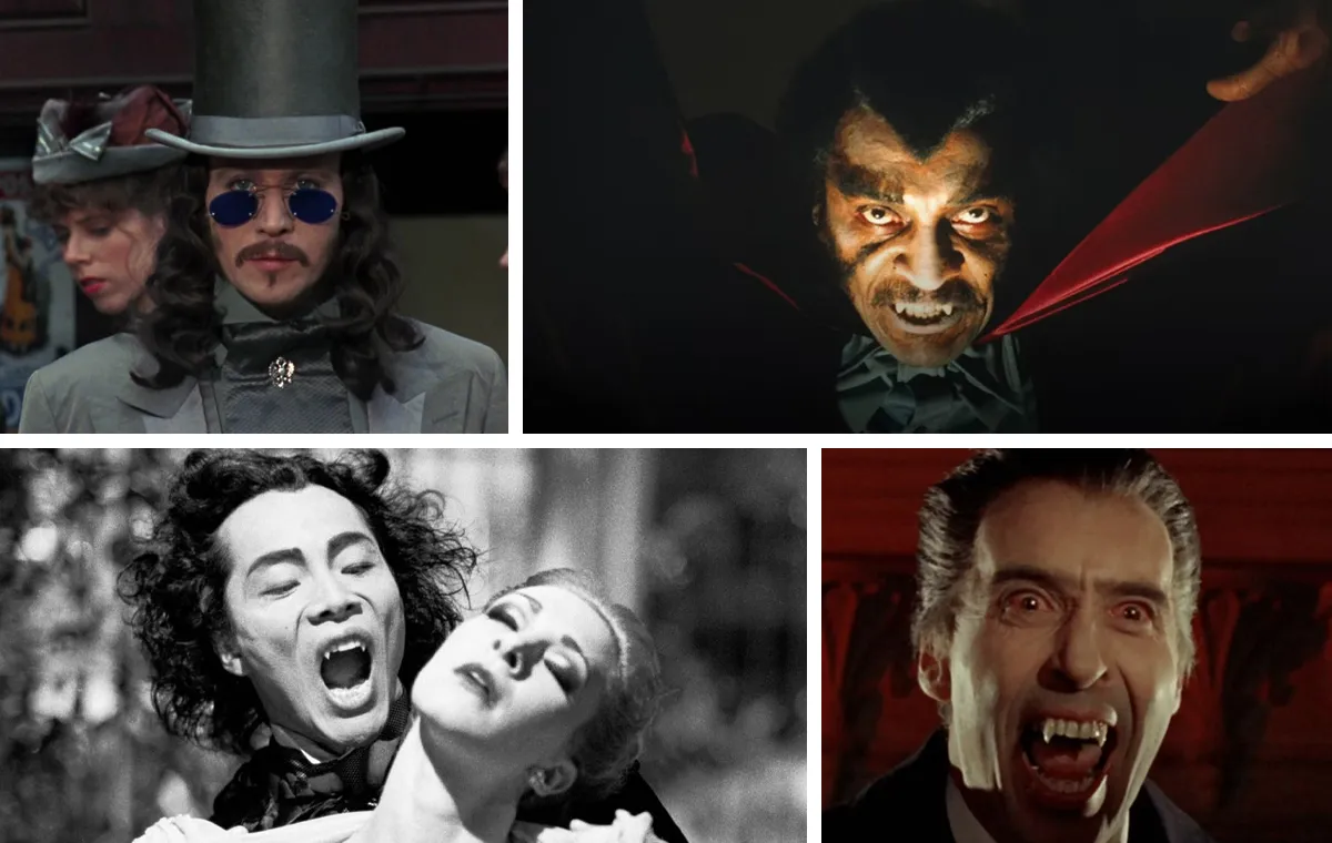 A collage featuring some of the best Dracula movies (clockwise from top left): 'Bram Stoker's Dracula,' 'Blacula,' 'Horror of Dracula,' and 'Dracula: Pages From a Virgin's Diary'