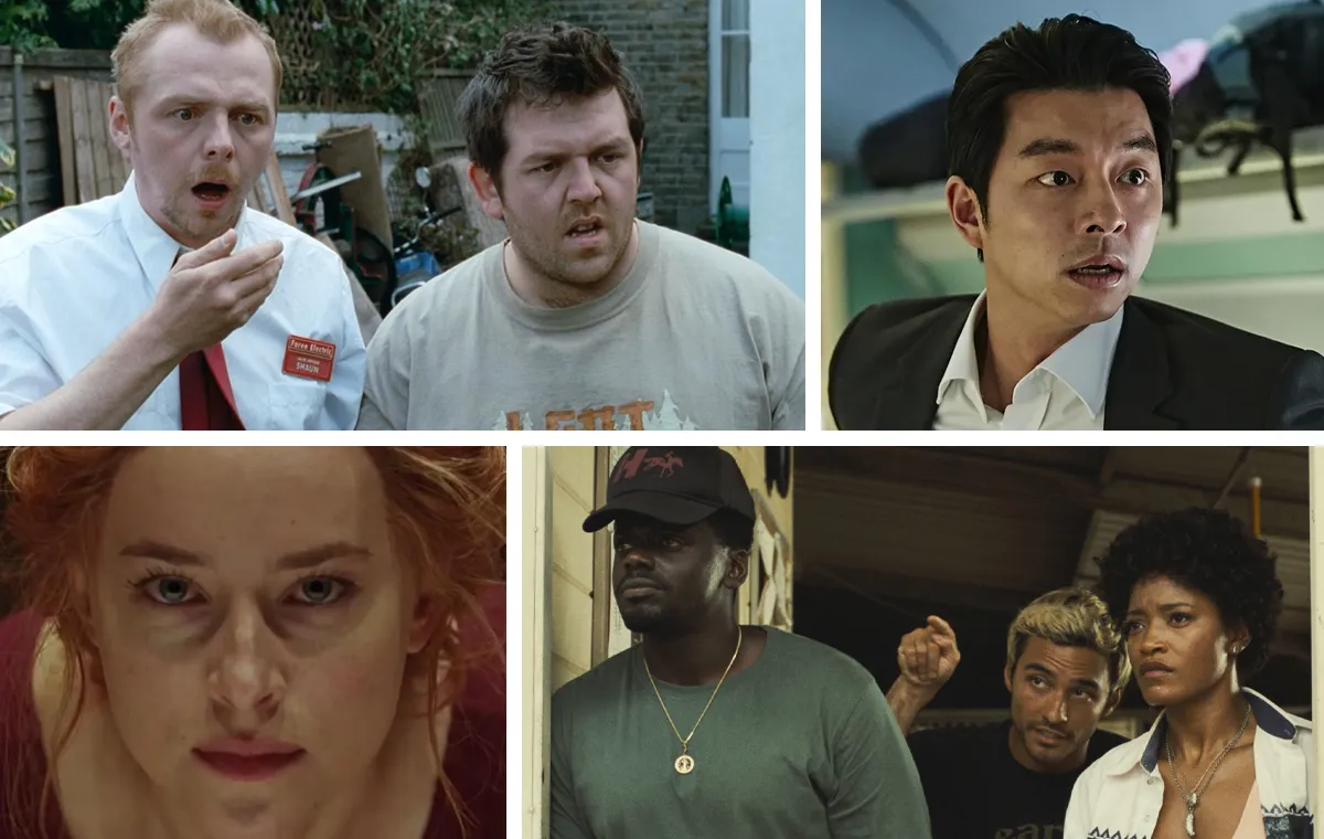 A collage featuring some of the best horror movies on Amazon Prime right now (clockwise from top left): 'Shaun of the Dead,' 'Train to Busan,' 'Nope,' and 2018's 'Suspiria'