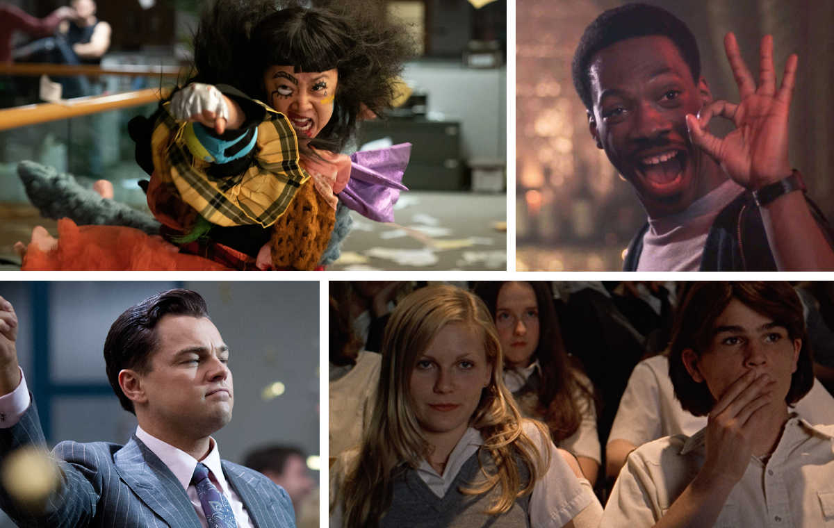 A collage featuring some of the best movies on Paramount+ (clockwise from top left): 'Everything Everywhere All at Once,' 'Beverly Hills Cop,' 'The Virgin Suicides,' and 'The Wolf of Wall Street'