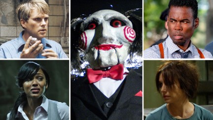 A collage featuring stills from several of the 'Saw' movies, with Billy the puppet in the center