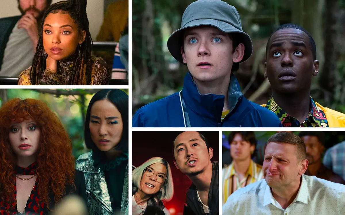 A collage of the best series on Netflix, featuring (clockwise from top left): 'Dear White People,' 'Sex Education,' 'I Think You Should Leave,' 'Beef,' and 'Russian Doll'