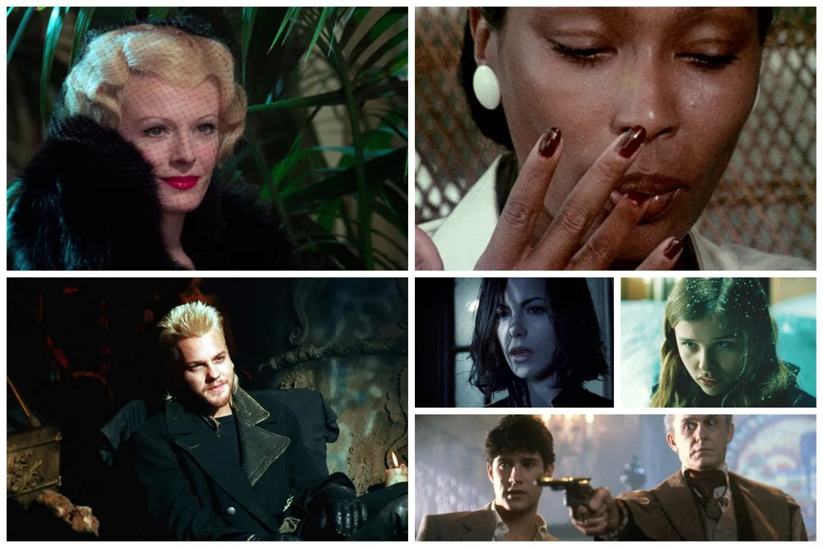 A collage of some of the best vampire movies such as "Daughters of Darkness", "Ganja & Hess", "The Lost Boys", "Underworld", "Let Me In", and "Fright Night"