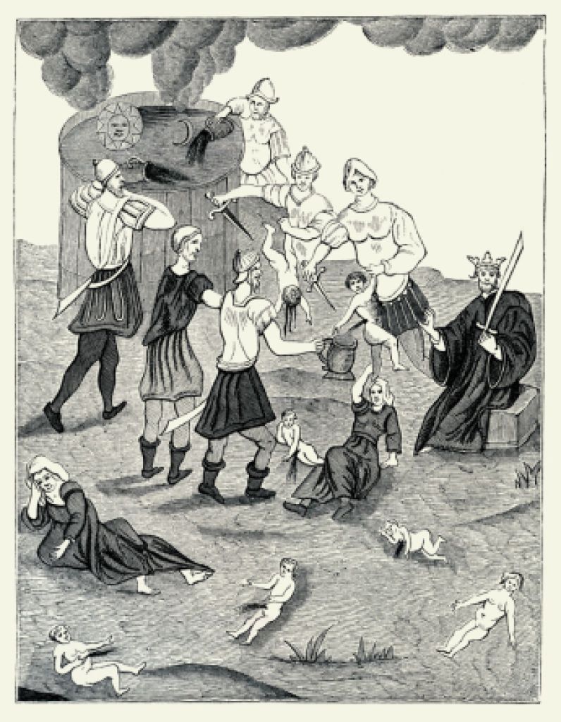 Illustration of the fabricated story known as Blood Libel, an accusation that Jewish people used the blood of Christians in religious rituals, especially in the preparation of Passover bread, that was perpetrated throughout the Middle Ages and (sporadically) until the early 20th century. "Jews taking the blood from Christian children for their mystic rights" from the "Book of the Cabala of Abraham the Jew." Plate from Manners Customs and Dress During the Middle Ages by Paul Lacroix. Published in London 1874. Artist unknown.
