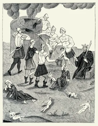 Illustration of the fabricated story known as Blood Libel, an accusation that Jewish people used the blood of Christians in religious rituals, especially in the preparation of Passover bread, that was perpetrated throughout the Middle Ages and (sporadically) until the early 20th century.  "Jews taking the blood from Christian children for their mystic rights" from the "Book of the Cabala of Abraham the Jew."  Plate from Manners Customs and Dress During the Middle Ages by Paul Lacroix.  Published in London 1874. Artist unknown.