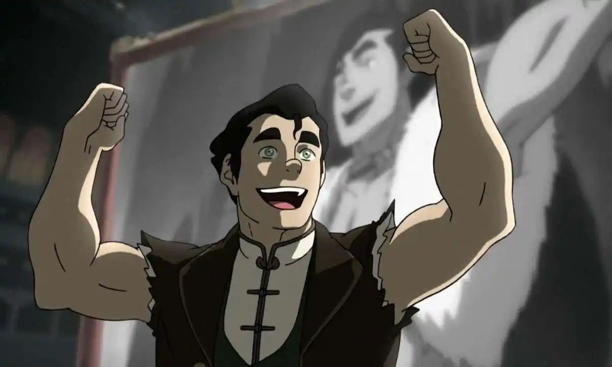 Bolin flexing his big arms in "Legend of Korra"