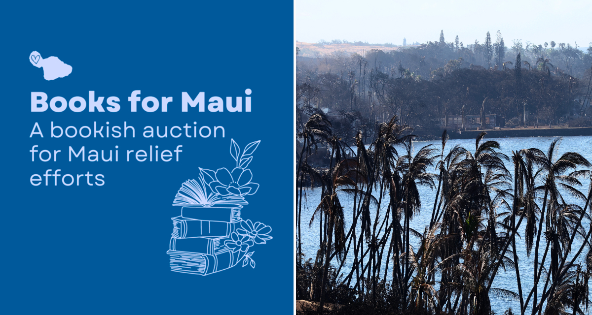 Books for Maui fire relief promotion opposite a photo of Lahaina, which was recently devastated by the fires in Maui.