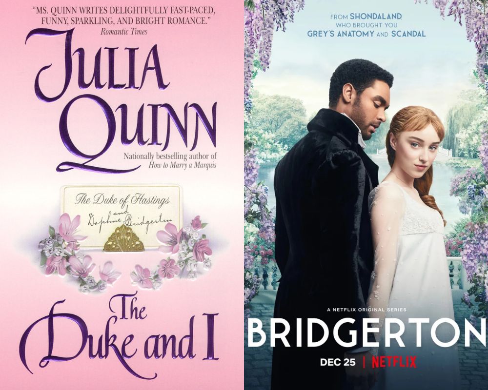 "The Duke & I" by Julia Quinn next to Netflix's "Bridgerton."