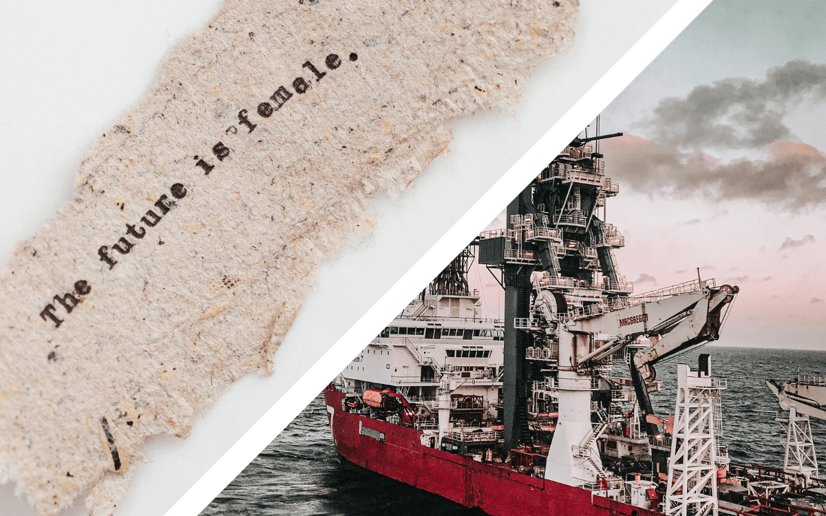 Split screen of an oil rig and a piece of torn paper that reads "The future is female.