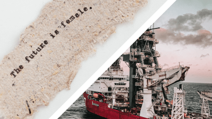 Split screen of an oil rig and a piece of torn paper that reads 