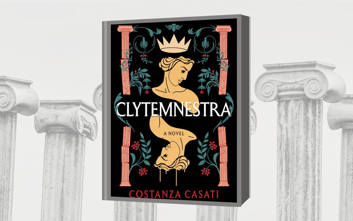 On a background of Greek columns, the cover for "Clytemnestra" by Costanza Casati has a mirroring image of a woman with a crown resting above her head.