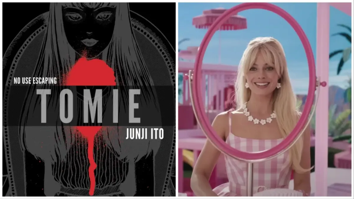 Jung Ito's Tomie cover art on the left, Margot Robbie as Barbie having an intrusive thought of death in the Barbie movie on the right