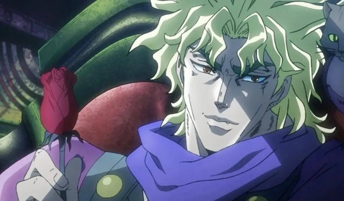 A blonde haired vampire named Dio Brando (voiced by Patrick Seitz) holding a rose in JoJo's Bizarre Adventure: Phantom Blood