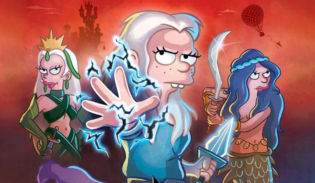 Poster for season 5 of Disenchantment on Netflix featuring Queen Dagmar, Queen Ban, and Mora