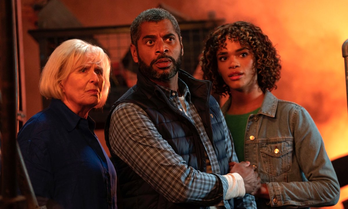 Jacqueline King as Sylvia, Karl Collins as Shaun, and Yasmin Finney as Rose in Doctor Who (BBC)