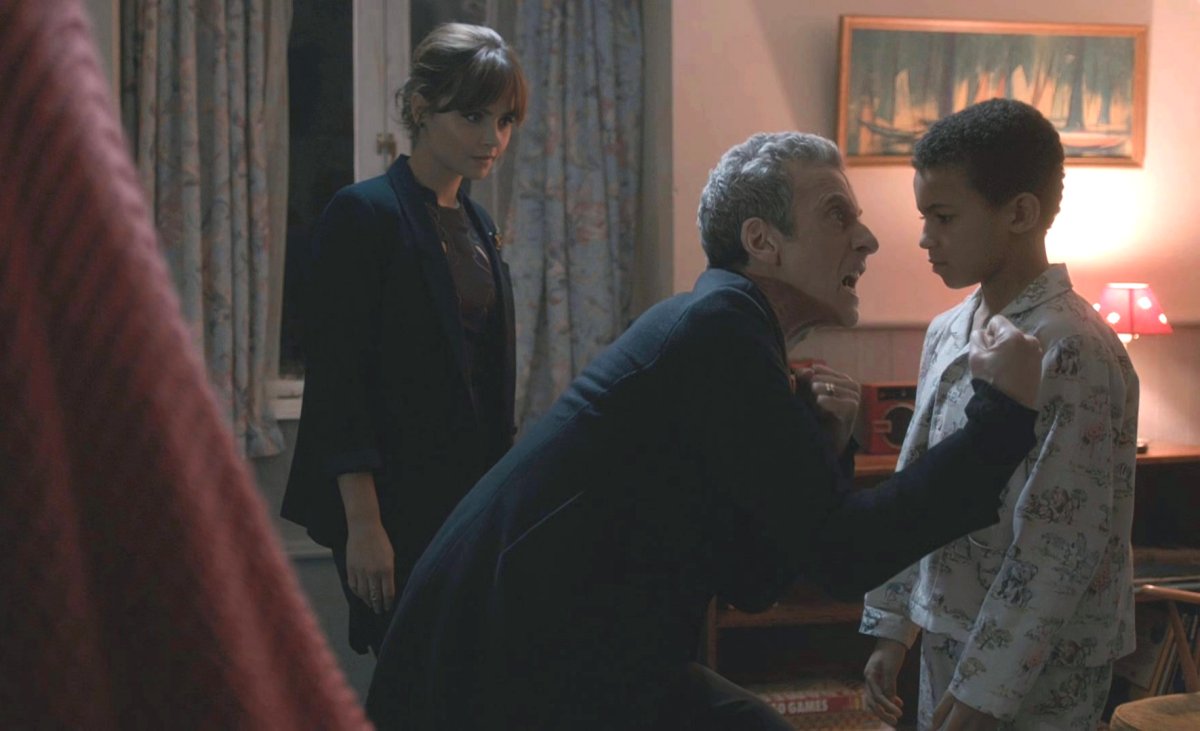 Clara Oswald as Clara, Peter Capaldi as the Twelfth Doctor, and Remi Gooding as Rupert Pink in Doctor Who (BBC)