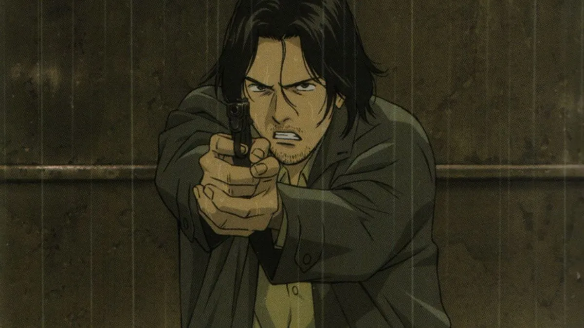 Dr. Tenma leveling a gun at the camera while crouching in the rain from the anime "Monster"
