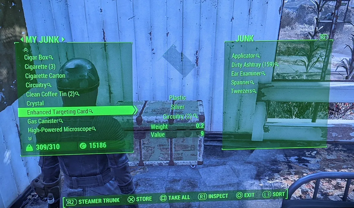 Screencap from the game 'Fallout 4.' Teresa Jusino's female player character stands in her bedroom in Sanctuary transferring items from her personal inventory to her Steamer Trunk. Both inventory menus are open and on their "Junk" tab. Most notably, the Steamer Trunk inventory contains 159 Dirty Ashtrays.