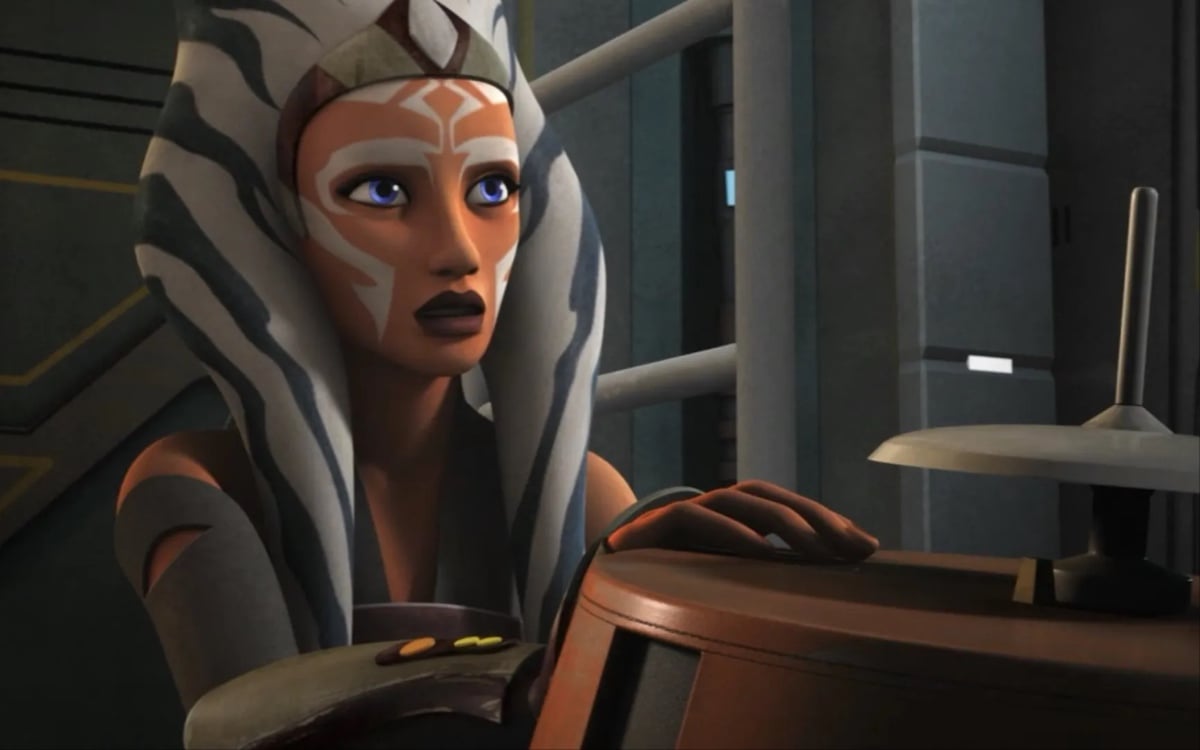 Ahsoka looks sadly at the camera in the Star Wars Rebels episode "Fires Across the Galaxy"