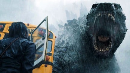 Godzilla next to a school bus in Monarch: Legacy of Monsters