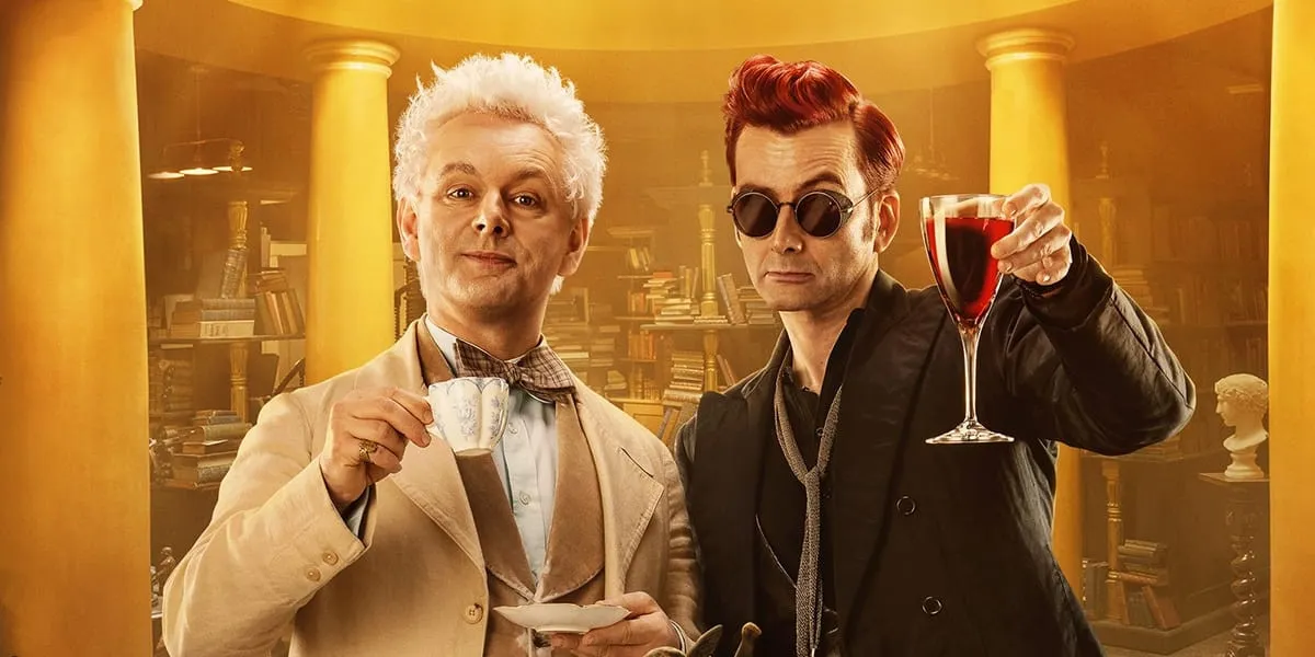 Aziraphale (Michael Sheen) and Crowley (David Tennant) in a poster for Good Omens 2