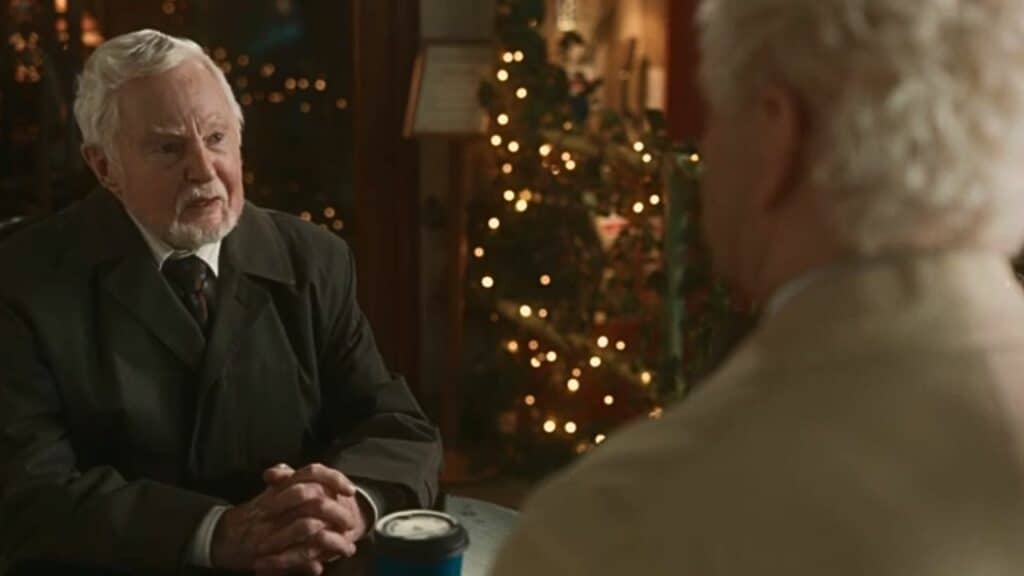 The Metatron, played by Derek Jacobi, speaks with Michael Sheen's Aziraphale in the second season of Good Omens