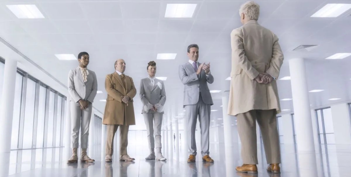 Michael Sheen's Aziraphale talks with his superiors, the angels Gabriel, Michael, Uriel and Sandalphon in the first season of Good Omens