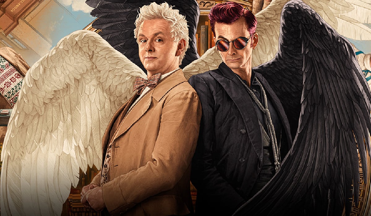 Official artwork for Good Omens season 2 featuring Michael Sheen as Aziraphale and David Tennant as Crowley, with their angel and demon wings unfurled behind them