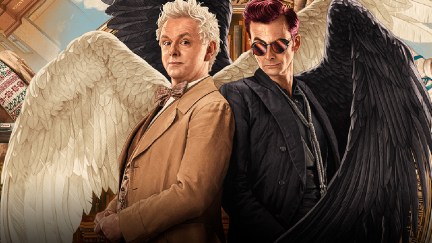 Official artwork for Good Omens season 2 featuring Michael Sheen as Aziraphale and David Tennant as Crowley, with their angel and demon wings unfurled behind them