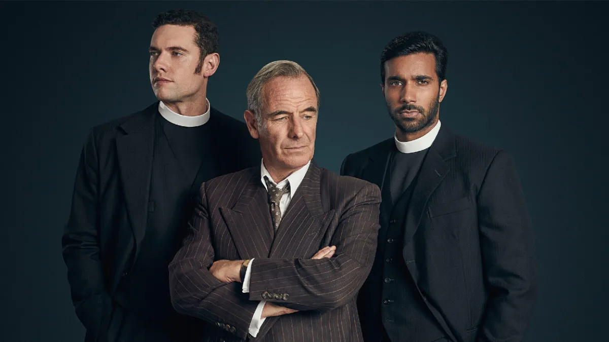 Tom Brittney, Robson Green and Rishi Nair in key promotional art for Grantchester season 9