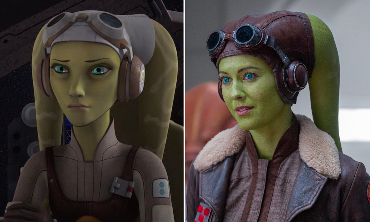 A side-by-side image of Hera Syndulla in the animated series 'Star Wars: Rebels' (voiced by Vanessa Marshall) and in the live-action series 'Ahsoka,' played by Mary Elizabeth Winstead