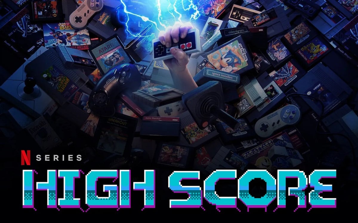 Promotional graphic for the Netflix docuseries 'High Score.' The title appears across the bottom in all caps and in 8-bit font. The rest of the image is a huge pile of game controllers and cartridges with a fist emerging from the pile holding a Super NES controller as blue lightning shoots out of it.