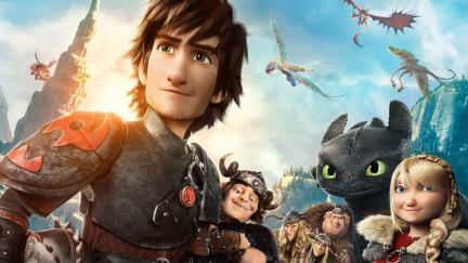 Hiccup and the riders pose with their dragons.