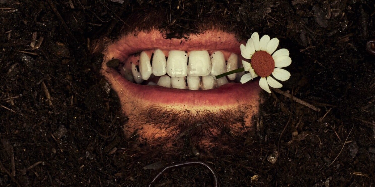 Cover art for Hozier's latest album, 'Unreal Unearth.' A smiling mouth with a daisy clenched between its teeth emerges from a mound of dirt.