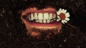 Cover art for Hozier's latest album, 'Unreal Unearth.' A smiling mouth with a daisy clenched between its teeth emerges from a mound of dirt.