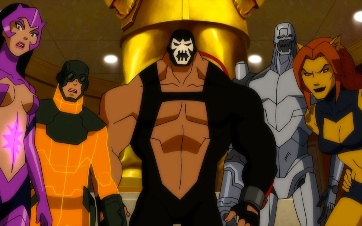 An animate Bane stands in the middle  of other villains staring into the camera in "Justice League: Doom"
