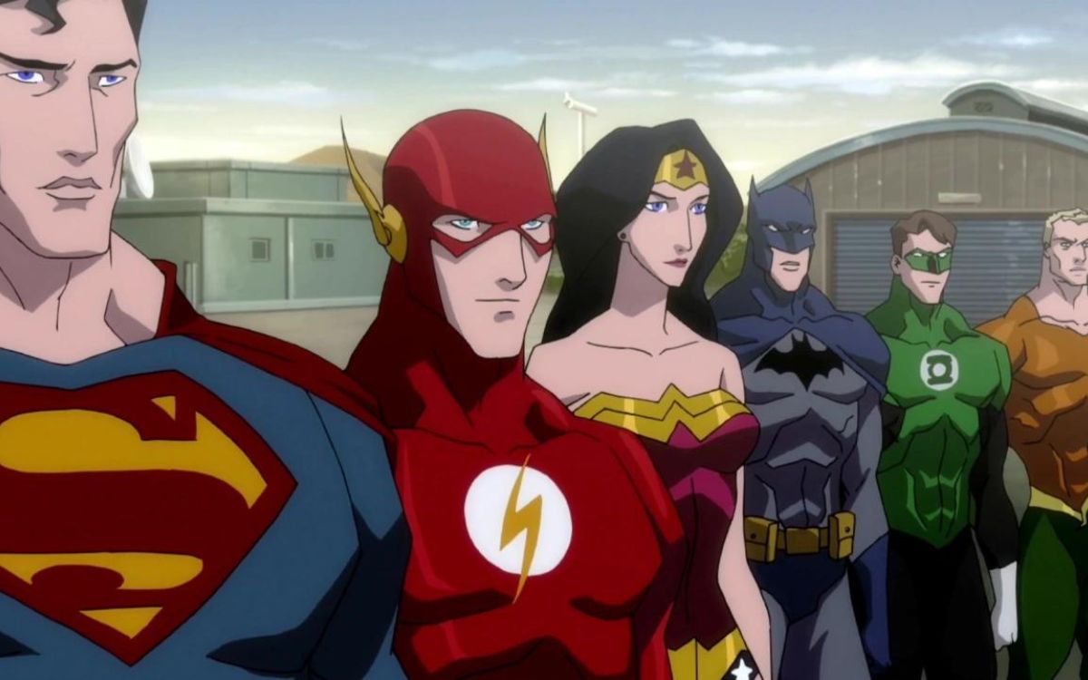 An animated Justice League stands in a row outside in "Justice League: The Flashpoint Paradox"