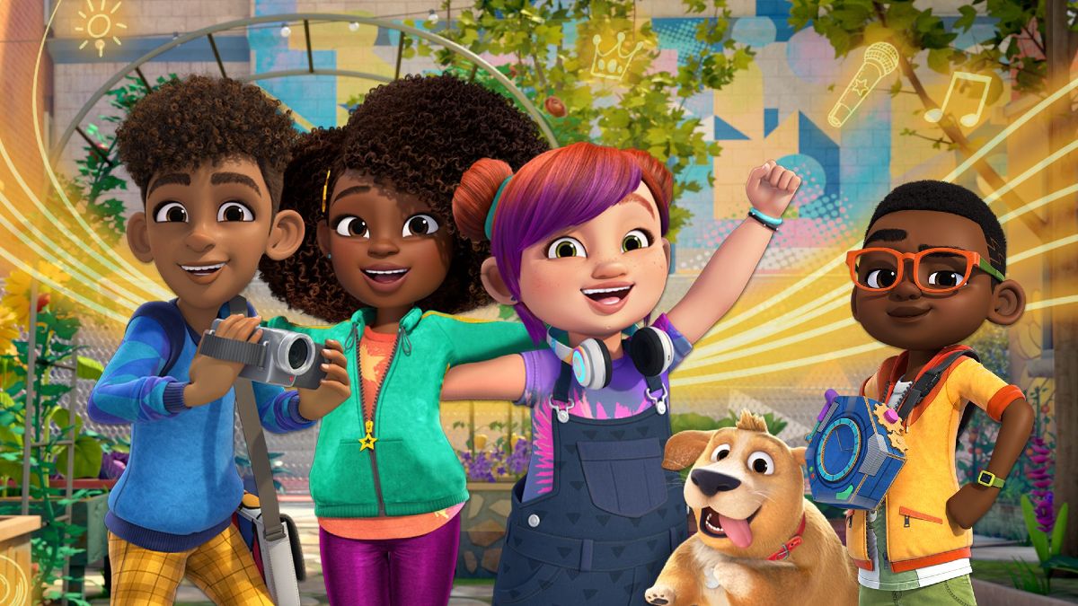 Four animated children smile happily on a playground with their small dog in tow in "Karma's World"