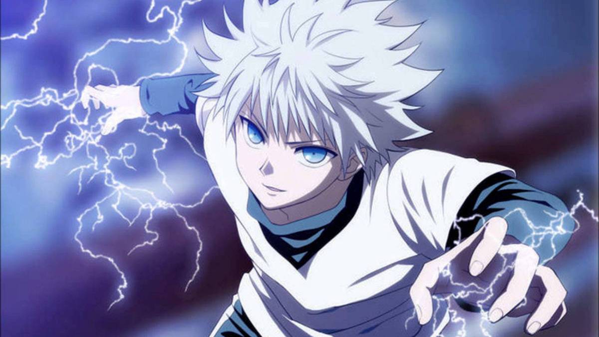 The spiky haired youth Killua manifesting electricity in his hands from "Hunter X Hunter"