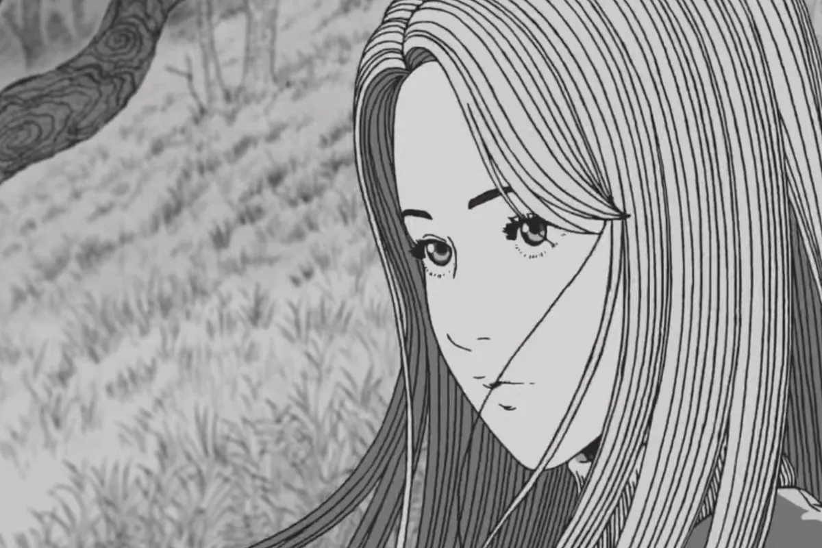 A anime character named Kirie Goshima (voiced by Uki Satake) looking ominous in Uzumaki