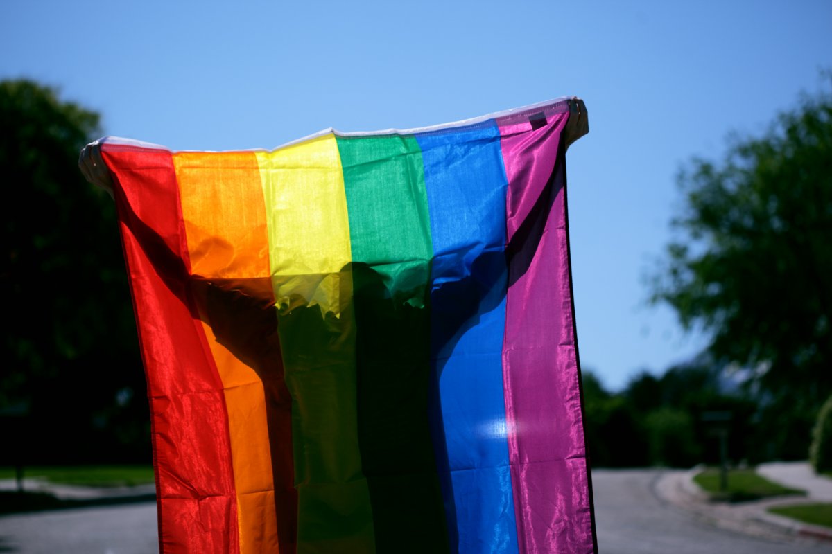 A person is seen holding up a rainbow Pride flag