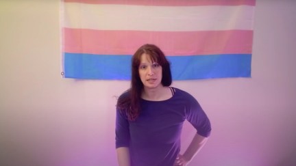 Screencap of former Elder Scrolls Online artist, Leona Faren, from a video she posted about her experiences with transphobia while working at ZeniMax. She is a white trans woman with long brown hair and bangs wearing a purple, long-sleeved, scoop-necked shirt standing with her hand on her hip in front of a white wall with a trans pride flag hanging on it.