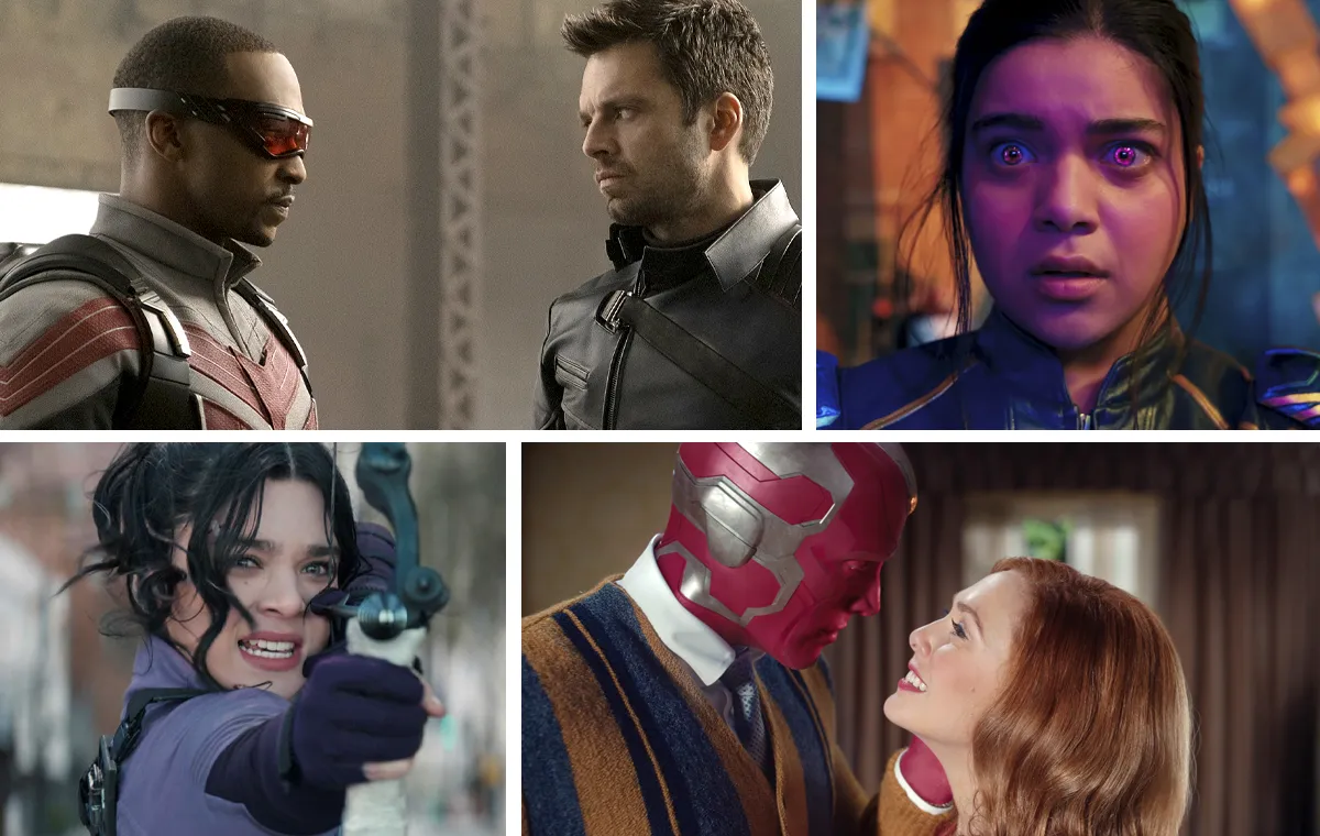 Marvel shows on Disney+, featuring (clockwise from top left): 'The Falcon and the Winter Soldier,' 'Ms. Marvel,' 'WandaVision,' and 'Hawkeye'