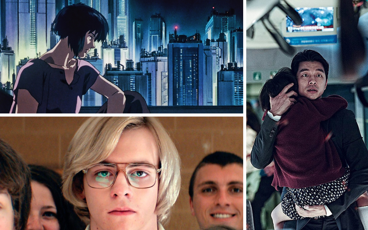 a collage of stills from films: 'Ghost in the Shell,' 'Train to Busan,' and 'My Friend Dahmer' (an animated person looks in the distance, a blond man stares into camera, and a Asian man holding his daughter)