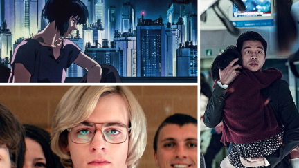 a collage of stills from films: 'Ghost in the Shell,' 'Train to Busan,' and 'My Friend Dahmer' (an animated person looks in the distance, a blond man stares into camera, and a Asian man holding his daughter)